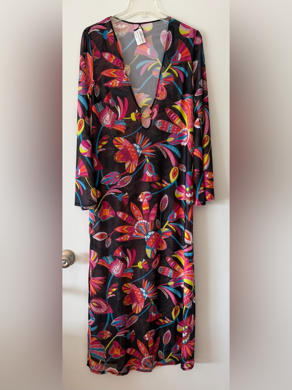 Trina Turk Mesh Maxi Dress Swim Cover Up Floral Psychedelic Ring Detail Size M